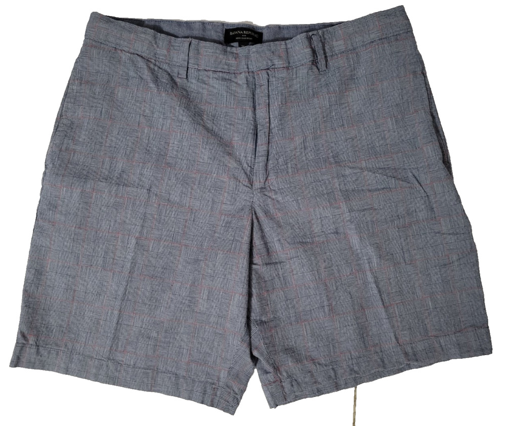 Banana Republic Aiden Club Shorts Men's 36 Gray Blue Glen Plaid Stretch Preppy